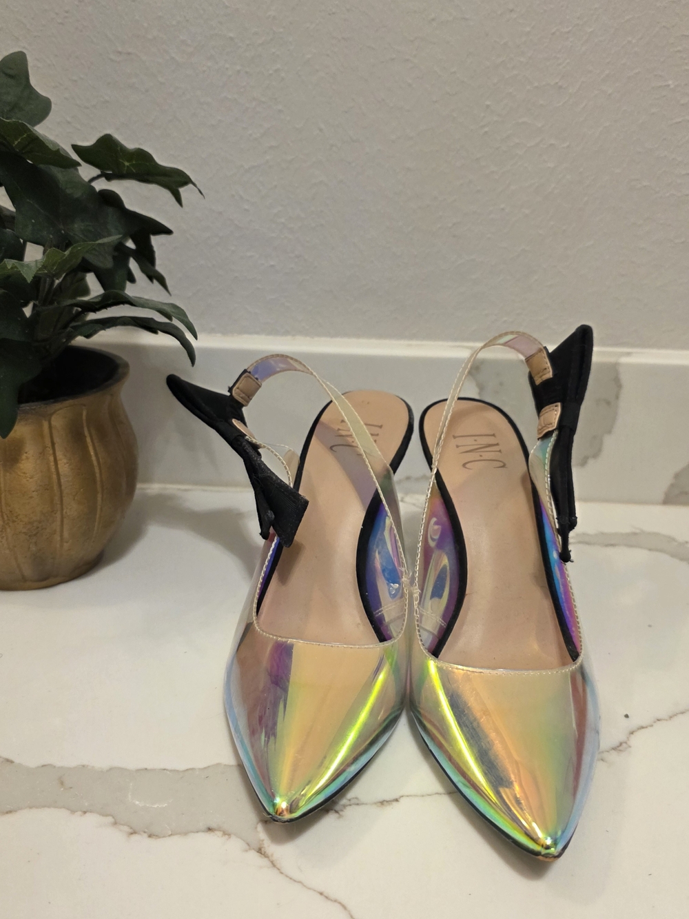 INC International Concepts Iridescent Pointed-Toe Slingbacks with Black Straps